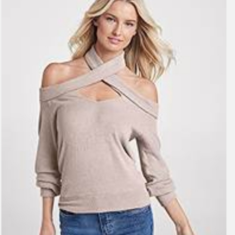 🤍Venus Cross Neck Taupe Oversized Top